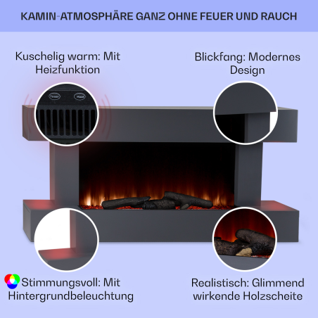 KLARSTEIN Studio Light & Fire Elektrischer Kamin (2000 Watt), Kabellänge: ca. 105 cm