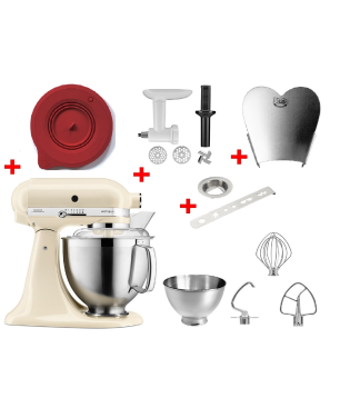 KITCHENAID 5KSM185PSEAC inkl.Edelstahlrührelmenten und 4 Zubehöre Küchenmaschine Creme (300 Watt)