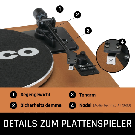 LENCO LS-430BN - 4 eingebaute Lautsprechern - Bluetooth Plattenspieler Braun