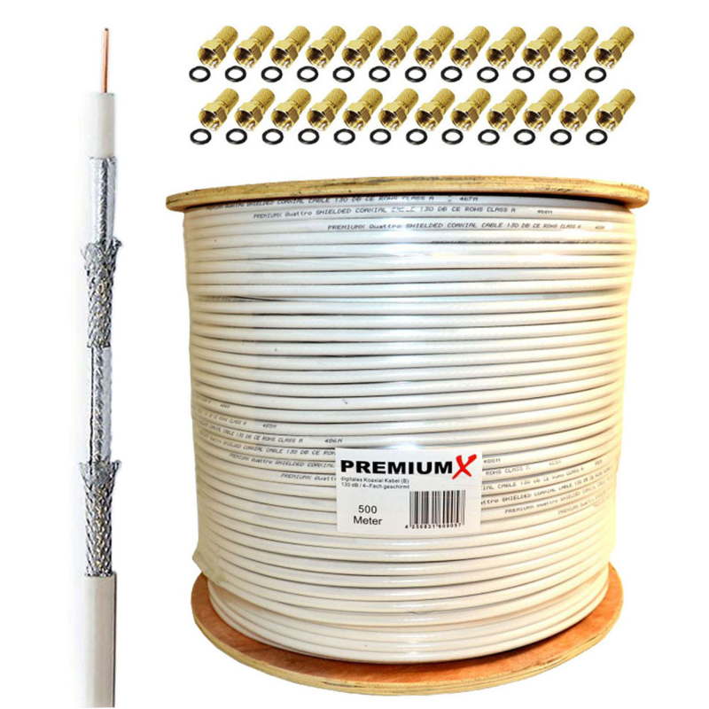 PREMIUMX 500m BASIC Koaxialkabel 135dB 4-fach SAT Koax Kabel 24x F-Stecker Antennenkabel PREMIUMX 500m BASIC Koaxialkabel 135dB 4-fach SAT Koax Kabel 24x F-Stecker Antennenkabel