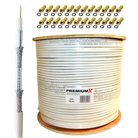 PREMIUMX 500m BASIC Koaxialkabel 135dB 4-fach SAT Koax Kabel 24x F-Stecker Antennenkabel