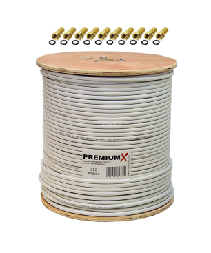 PREMIUMX PROFI 250 m Koaxialkabel 135 dB 4-Fach reines Kupfer Koaxkabel Antennenkabel 10x F-Stecker Antennenkabel