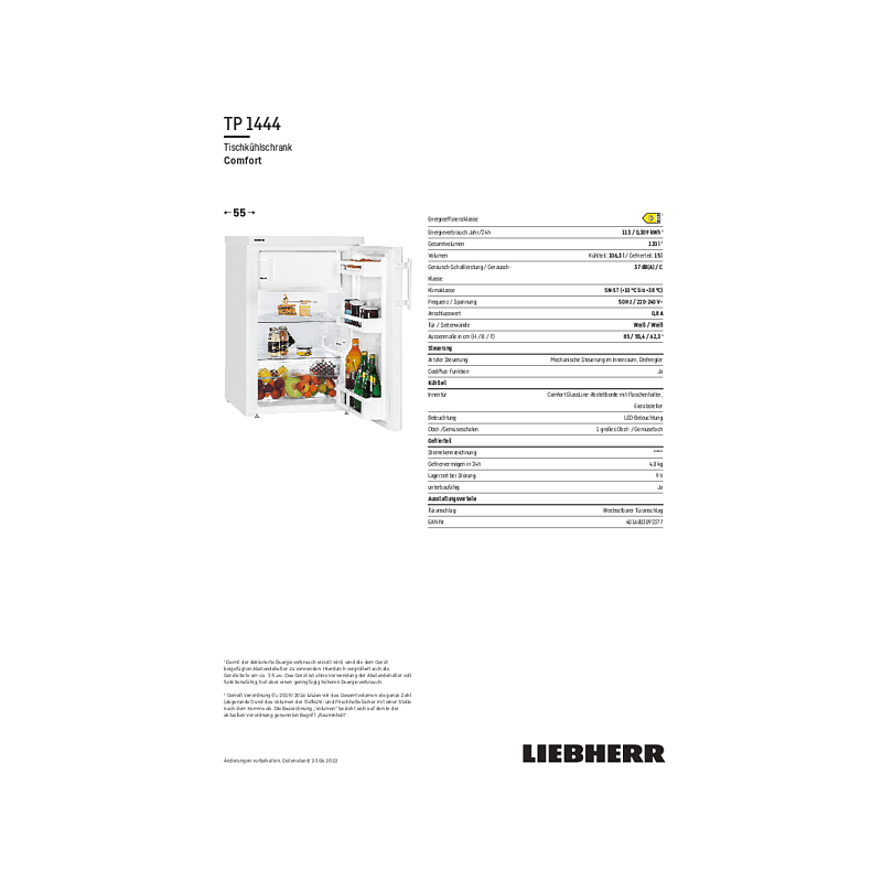 LIEBHERR TP 1444-20 Comfort Kühlschrank (D, 850 mm hoch, Weiß) LIEBHERR TP 1444-20 Comfort Kühlschrank (D, 850 mm hoch, Weiß)