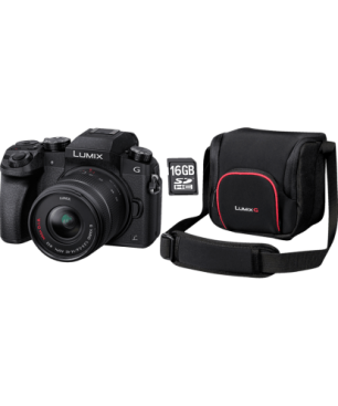 PANASONIC Lumix DMC-G70K + 16 GB Speicherkarte + Tasche Systemkamera mit Objektiv 14-42 mm , 7,62 cm Display Touchscreen, WLAN