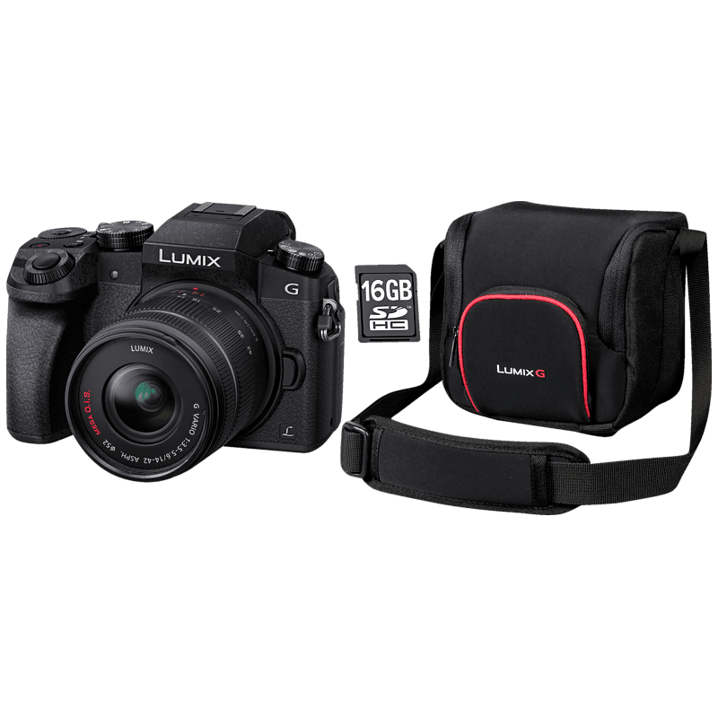 PANASONIC Lumix DMC-G70K + 16 GB Speicherkarte + Tasche Systemkamera mit Objektiv 14-42 mm , 7,62 cm Display Touchscreen, WLAN