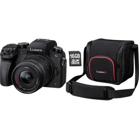 PANASONIC Lumix DMC-G70K + 16 GB Speicherkarte + Tasche Systemkamera mit Objektiv 14-42 mm , 7,62 cm Display Touchscreen, WLAN