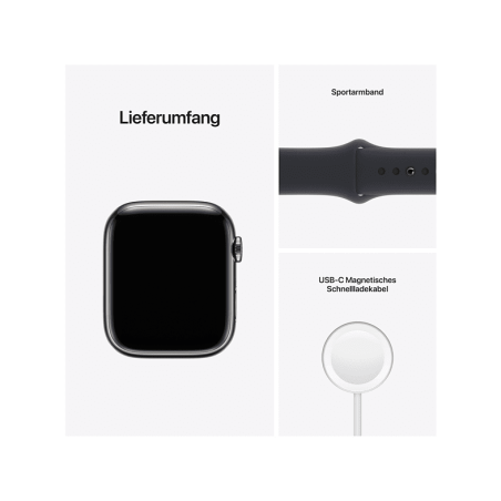 APPLE Watch Series 7 (GPS + Cellular) 45mm Smartwatch Fluorelastomer, 140 - 220 mm, Armband: Mitternacht, Gehäuse: Graphit