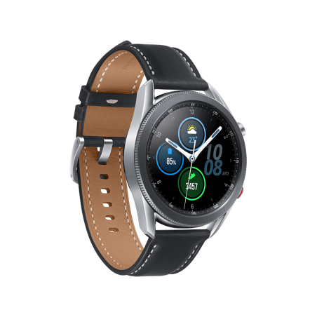 SAMSUNG Galaxy Watch3 45 mm LTE & Bluetooth Smartwatch Edelstahl Echtleder, Größe M/L (145 - 205 mm), Mystic Silver/Black