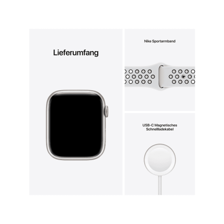 APPLE Watch Series 7 Nike (GPS) 41mm130 - 200 mm, Armband: Pure Platinum/Schwarz, Gehäuse: Polarstern